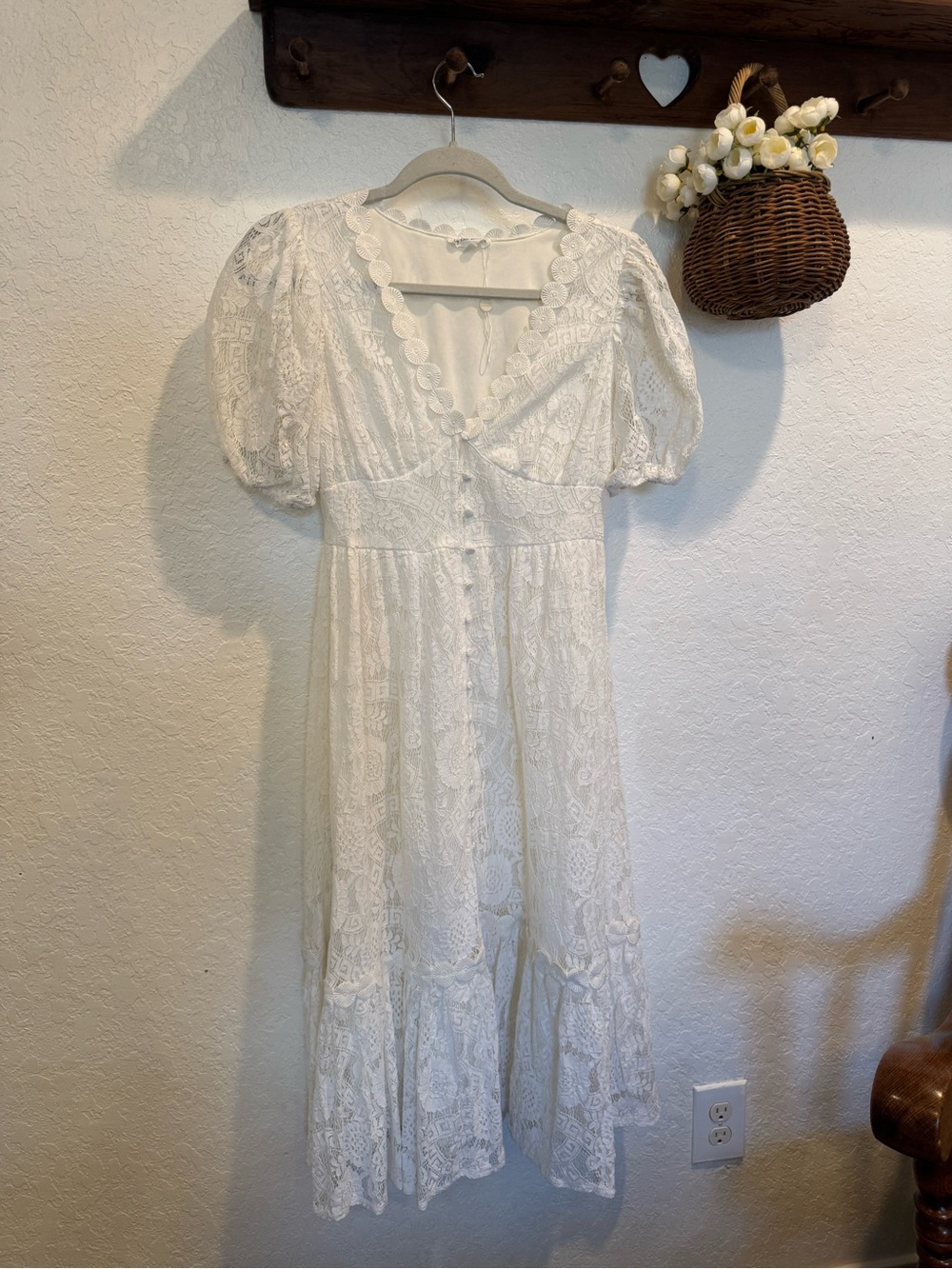 bohme White Lace Midi Dress with Puff Sleeves